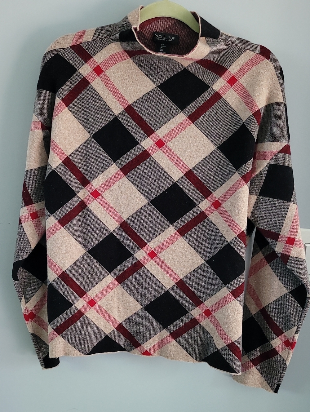 Rachel Zoe Plaid Crewneck Sweater - Beige, Black & Burgundy